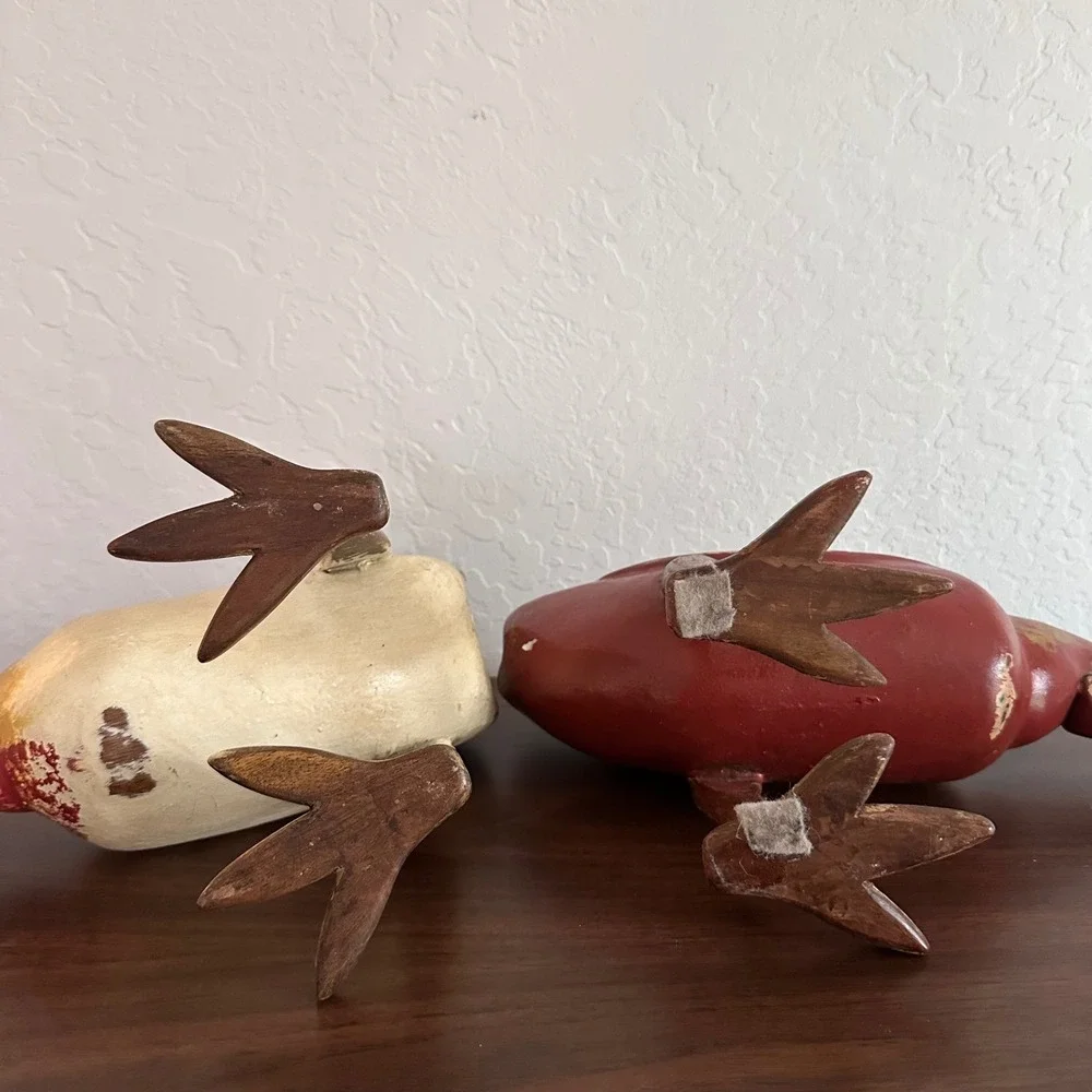 Vintage Wooden Pecking Hens Pair (2)‎ Red Farmhouse Folk Art Large